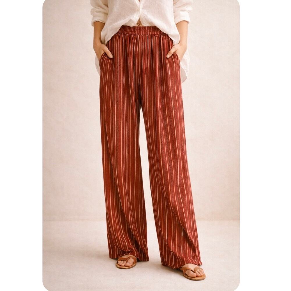 Emanuel Ungaro Silk Wide Leg Pants Size 4 Red Stripe Pull On Resort